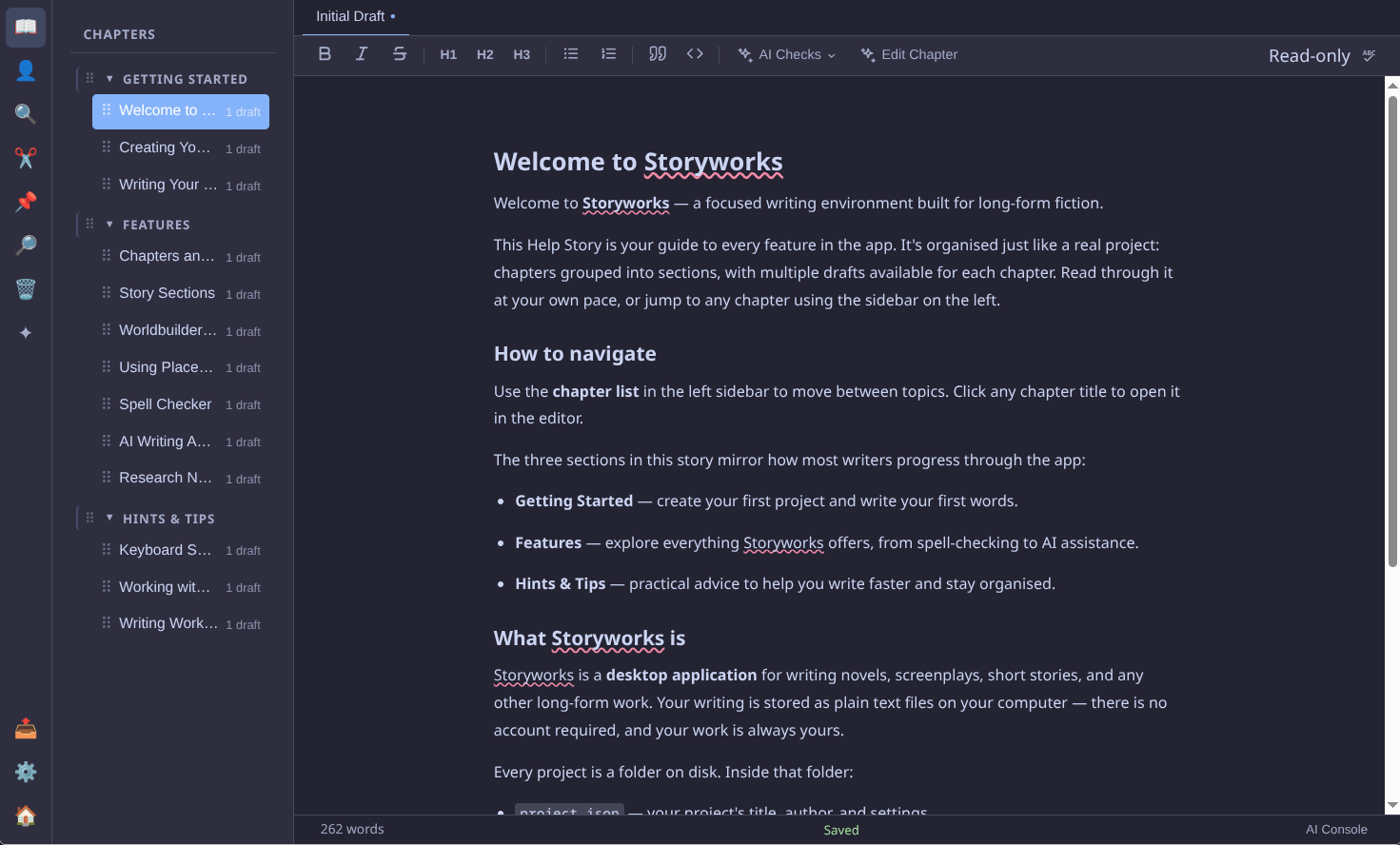 Storyworks Workspace main writing interface